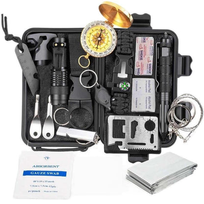Kit Sopravvivenza Outdoor Professionale 16 in 1 - Set Completo Campeggio con Torcia, Bussola, Acciarino e Primo Soccorso