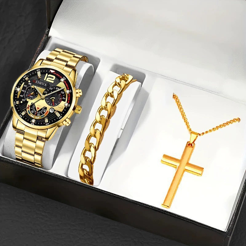 Set Uomo Orologio + Collana Croce + Bracciale - Kit Accessori Eleganti Coordinati