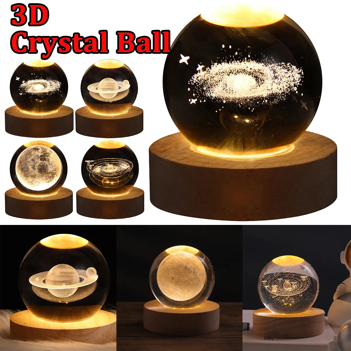 Lampada Notturna Galassia 3D in Cristallo - Pianeti Luna Sistema Solare LED