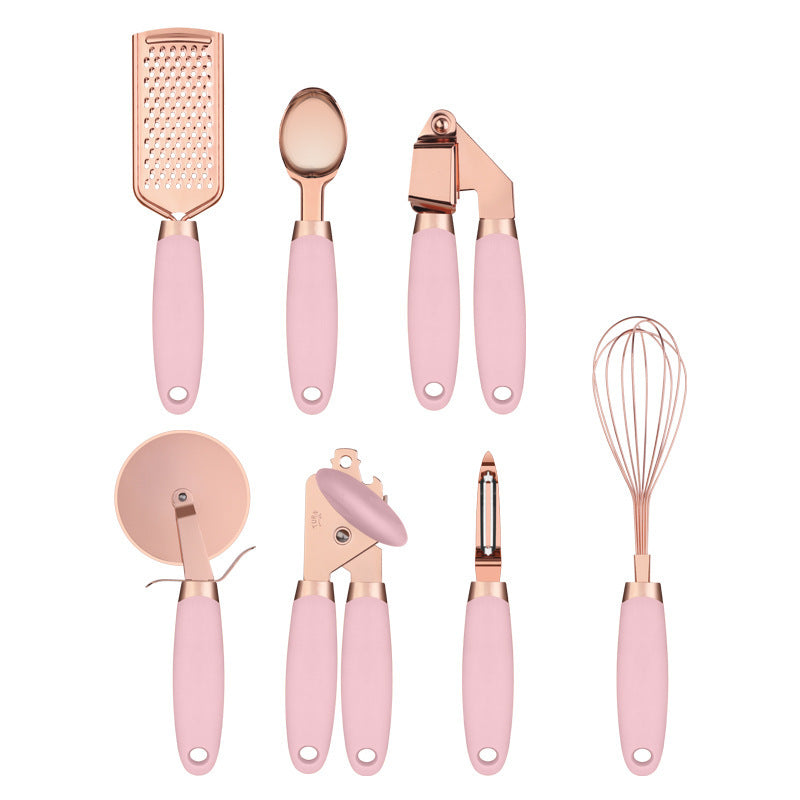 Set Utensili Cucina Acciaio Inox 7 Pezzi con Supporto - Rose Gold
