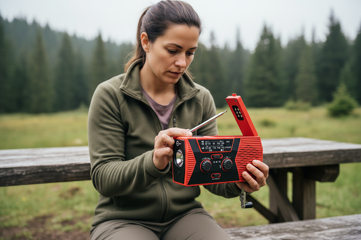 Radio Solare 5 in 1 con Manovella - Torcia LED, Power Bank, Allarme e Meteo AM/FM/NOAA