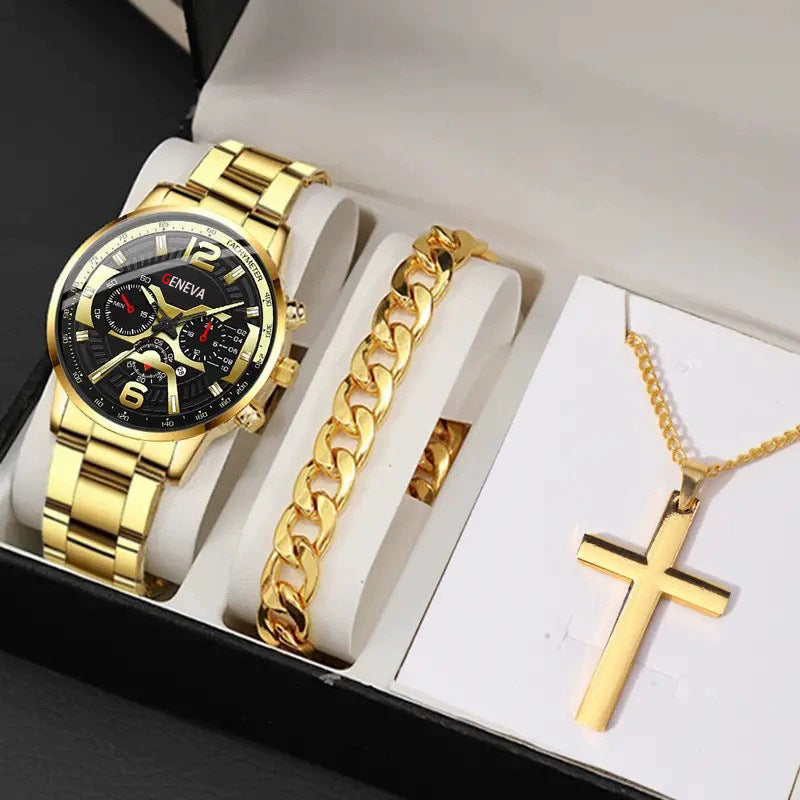 Set Uomo Orologio + Collana Croce + Bracciale - Kit Accessori Eleganti Coordinati
