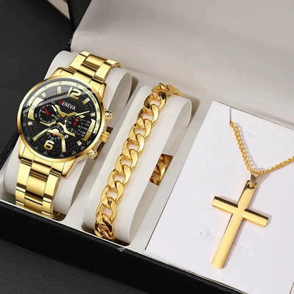 Set Uomo Orologio + Collana Croce + Bracciale - Kit Accessori Eleganti Coordinati
