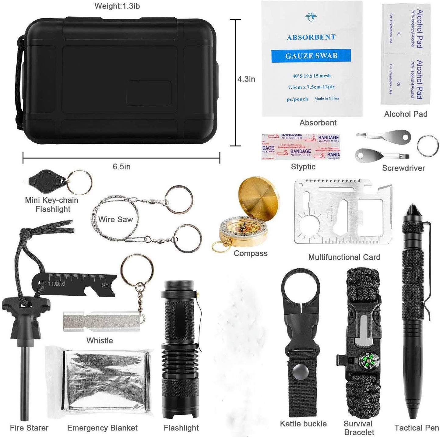 Kit Sopravvivenza Outdoor Professionale 16 in 1 - Set Completo Campeggio con Torcia, Bussola, Acciarino e Primo Soccorso