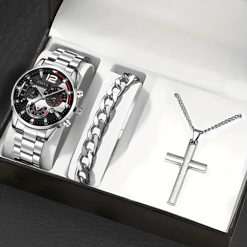 Set Uomo Orologio + Collana Croce + Bracciale - Kit Accessori Eleganti Coordinati