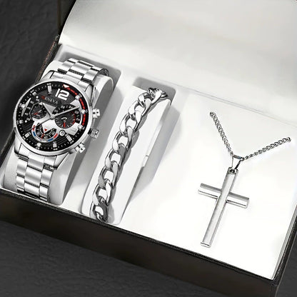 Set Uomo Orologio + Collana Croce + Bracciale - Kit Accessori Eleganti Coordinati