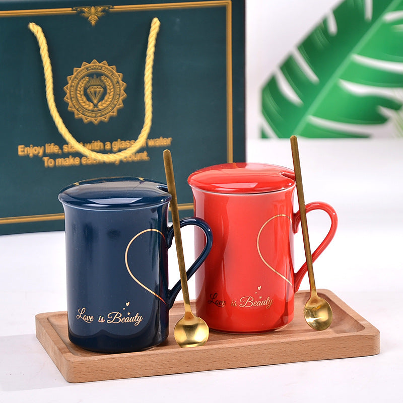 Set 2 Tazze Ceramica Coppie con Cucchiaini e Confezione Regalo
