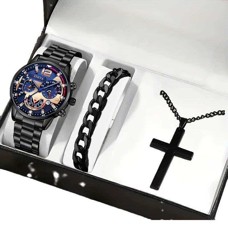 Set Uomo Orologio + Collana Croce + Bracciale - Kit Accessori Eleganti Coordinati