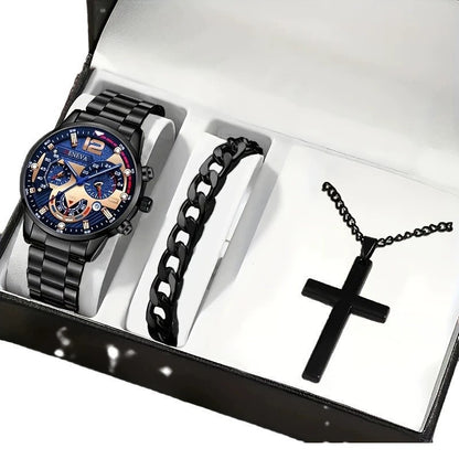 Set Uomo Orologio + Collana Croce + Bracciale - Kit Accessori Eleganti Coordinati