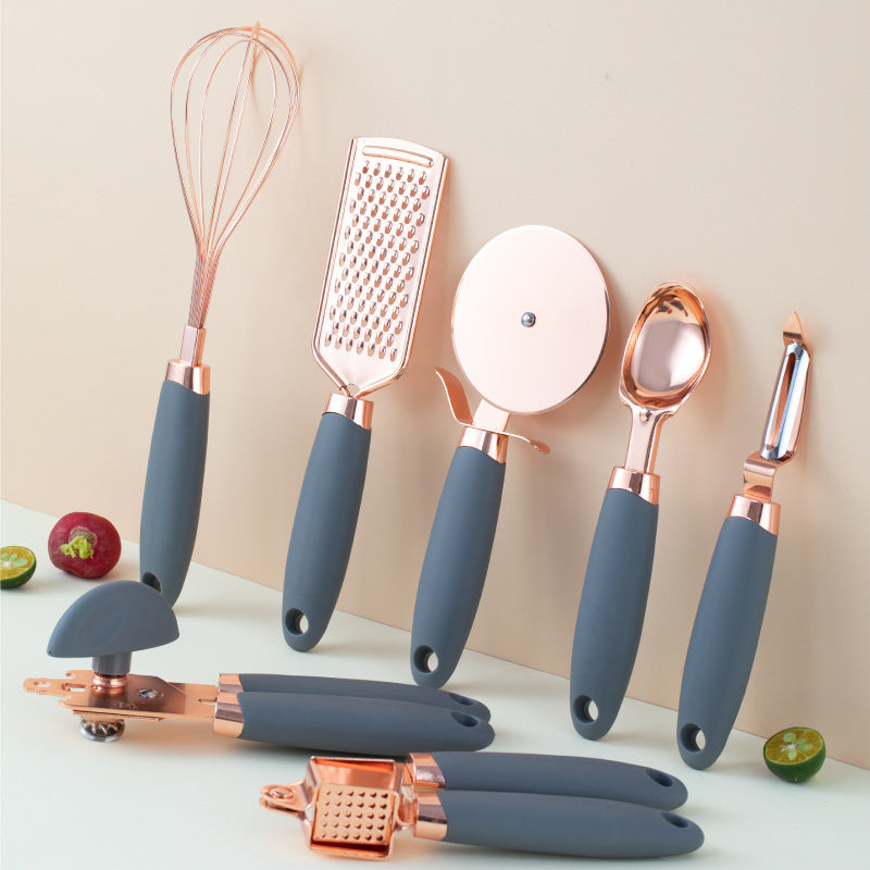 Set Utensili Cucina Acciaio Inox 7 Pezzi con Supporto - Rose Gold