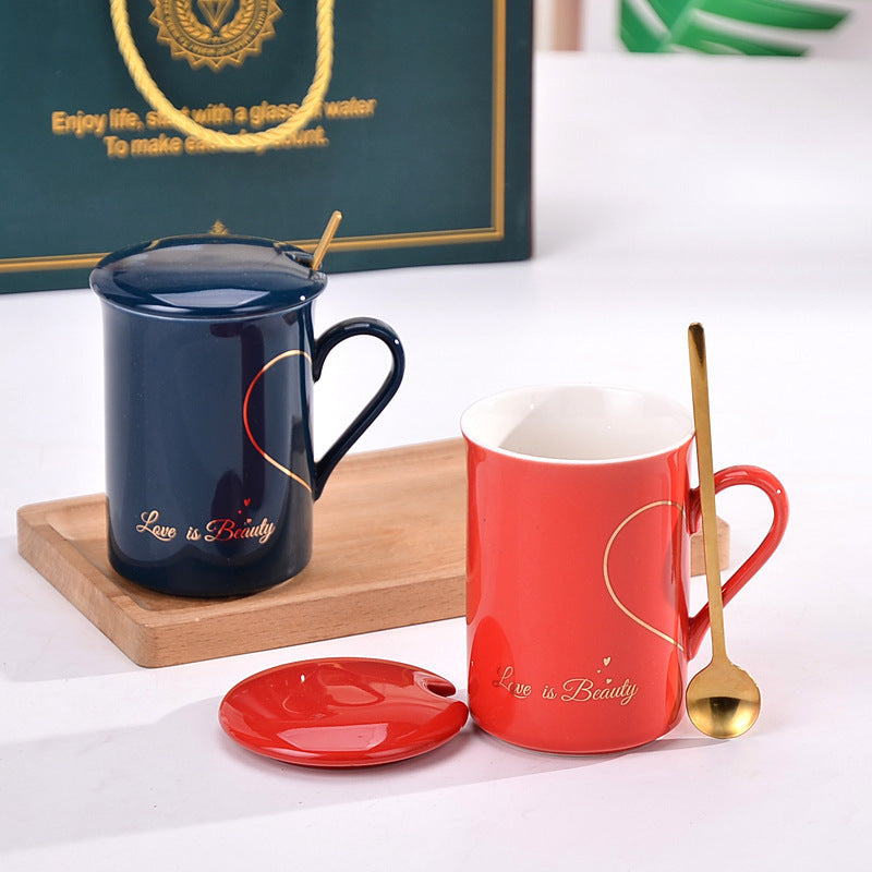 Set 2 Tazze Ceramica Coppie con Cucchiaini e Confezione Regalo