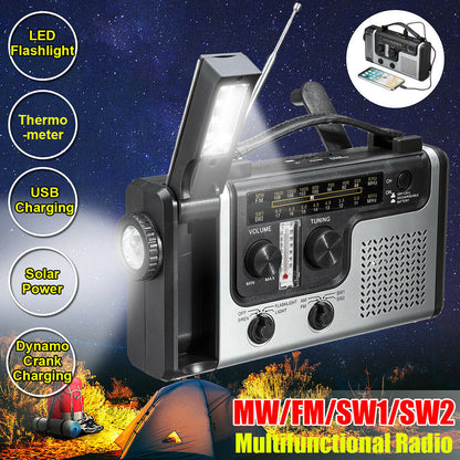 Radio Multibanda AM FM SW Solare con Manovella - Power Bank, Termometro, Torcia e Lampada Lettura