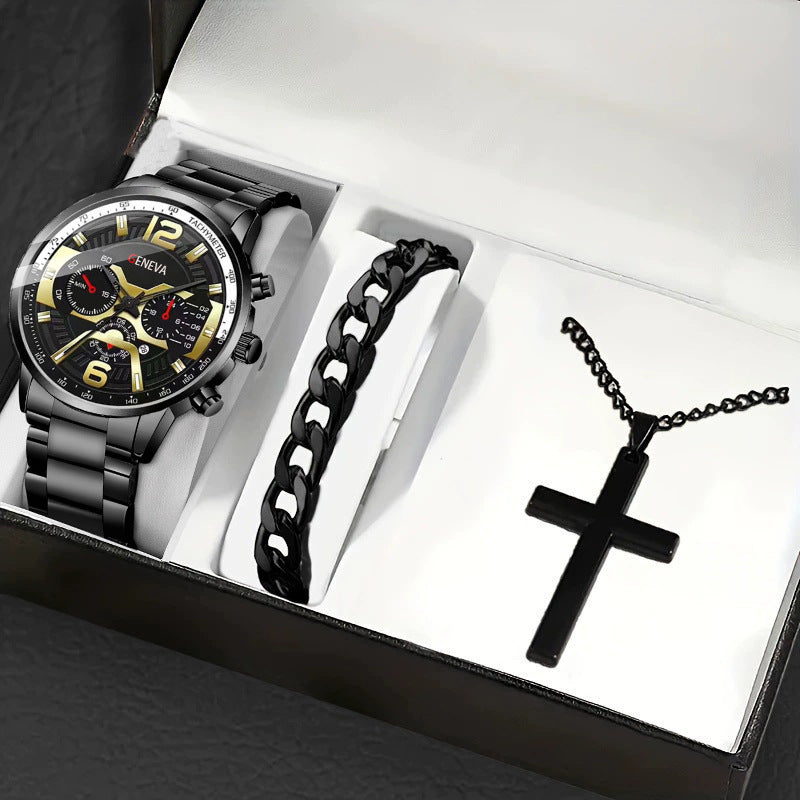 Set Uomo Orologio + Collana Croce + Bracciale - Kit Accessori Eleganti Coordinati