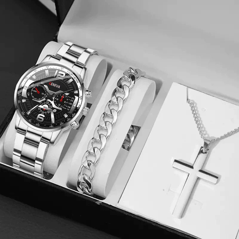 Set Uomo Orologio + Collana Croce + Bracciale - Kit Accessori Eleganti Coordinati