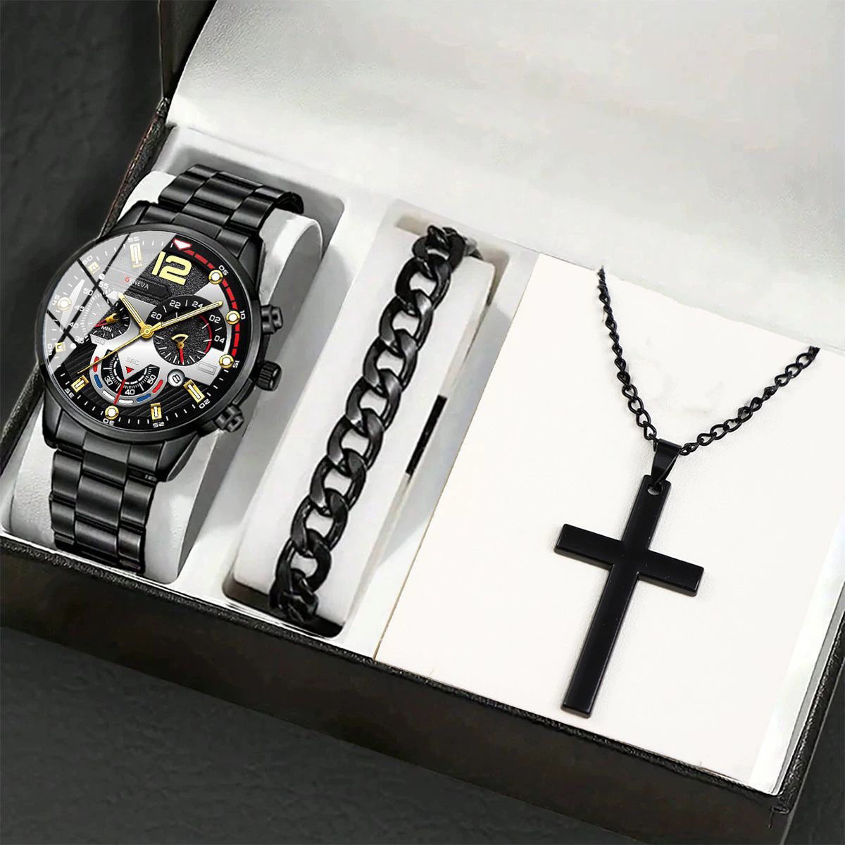 Set Uomo Orologio + Collana Croce + Bracciale - Kit Accessori Eleganti Coordinati