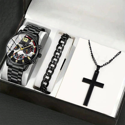 Set Uomo Orologio + Collana Croce + Bracciale - Kit Accessori Eleganti Coordinati