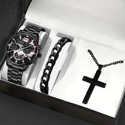 Set Uomo Orologio + Collana Croce + Bracciale - Kit Accessori Eleganti Coordinati