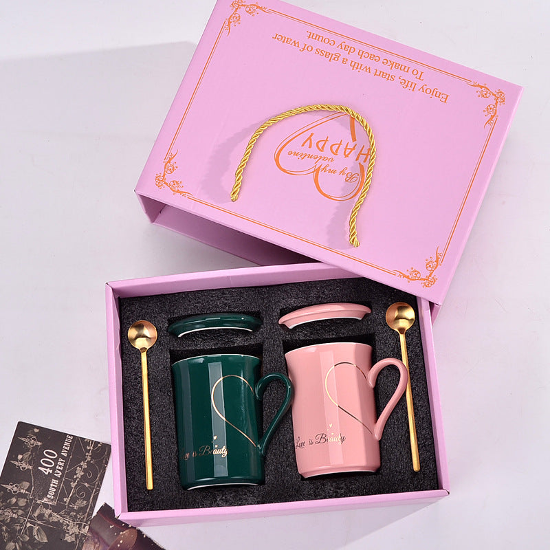 Set 2 Tazze Ceramica Coppie con Cucchiaini e Confezione Regalo