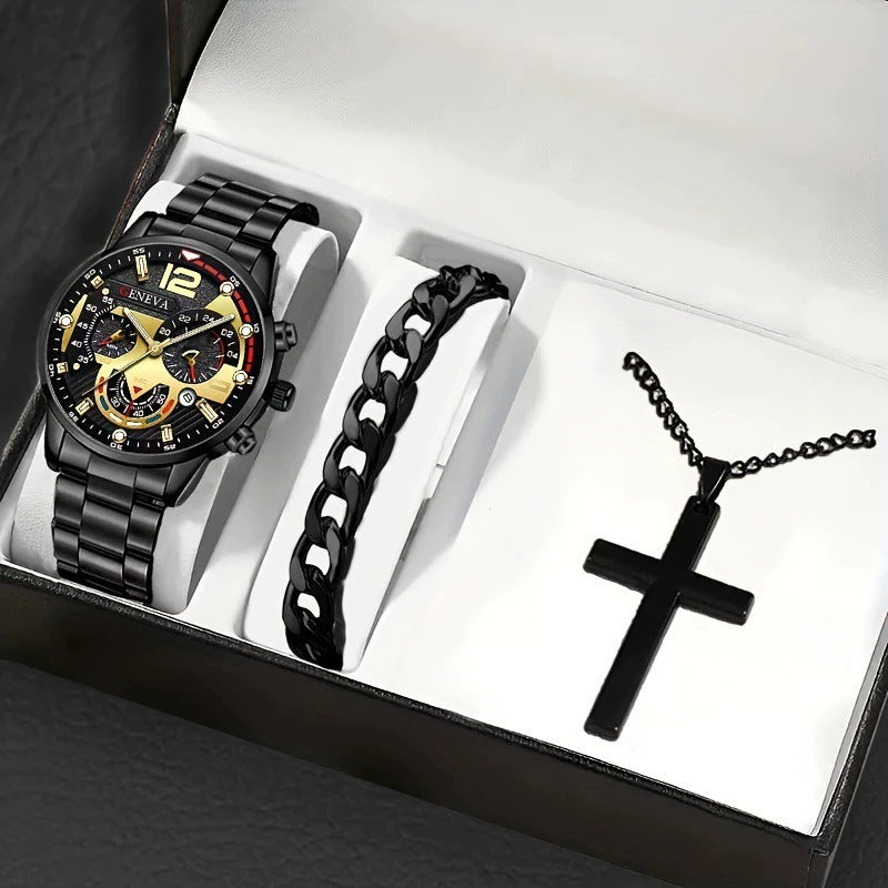 Set Uomo Orologio + Collana Croce + Bracciale - Kit Accessori Eleganti Coordinati