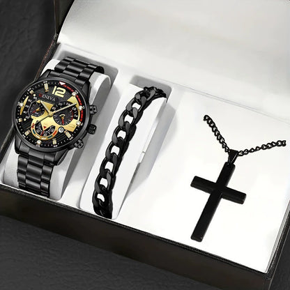 Set Uomo Orologio + Collana Croce + Bracciale - Kit Accessori Eleganti Coordinati
